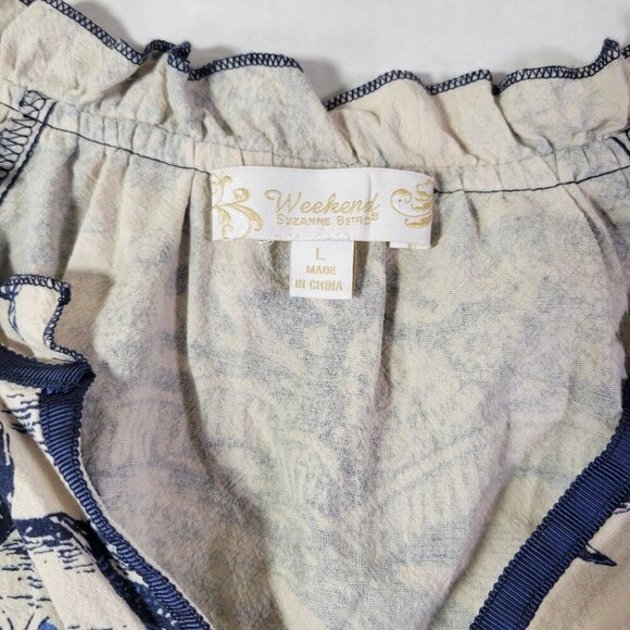 Weekend By Suzanne Betro Cotton Blue/White Long Sleeve Printed Tunic Top Size L - Picture 2 of 10